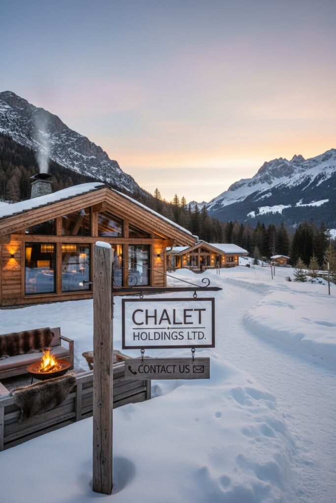 A wooden sign for Chalet Holdings Ltd. stands in front of a snow-covered mountain chalet at dusk.